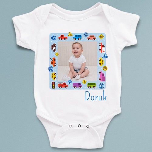 Araba çerçeveli fotoğraf baskılı isme özel bebek zıbın