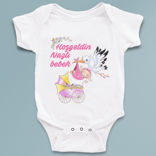 Hoşgeldin bebek leylek temalı isme özel bebek zıbın